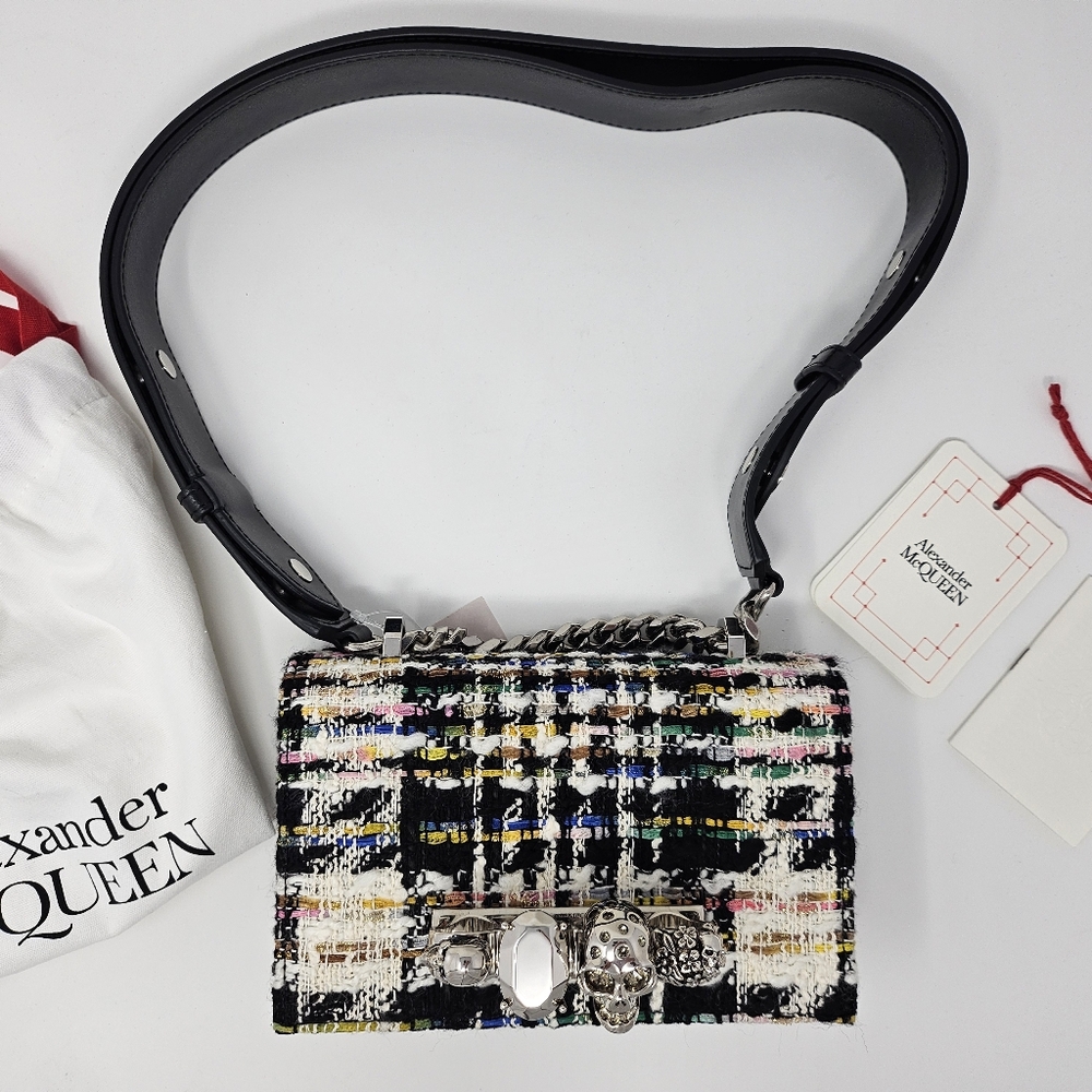 Alexander McQueen Mini Jewelled Satchel Fringe Tweed Boucle Leather Shoulder Bag